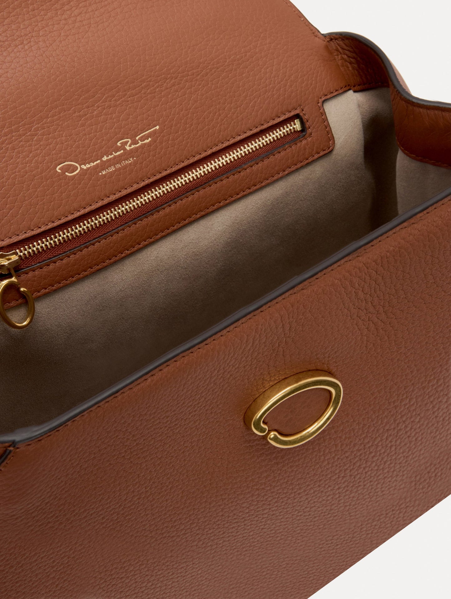 Inside The Poppy Leather Handbag in Brown with Magnetic O at Closure Zoom View