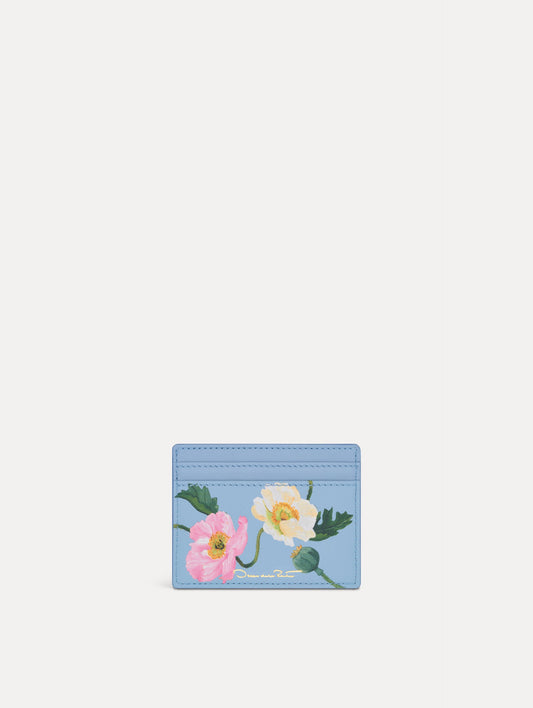 Blue Poppy Printed Card case featuring white and pink poppy floral motifs. Back View.