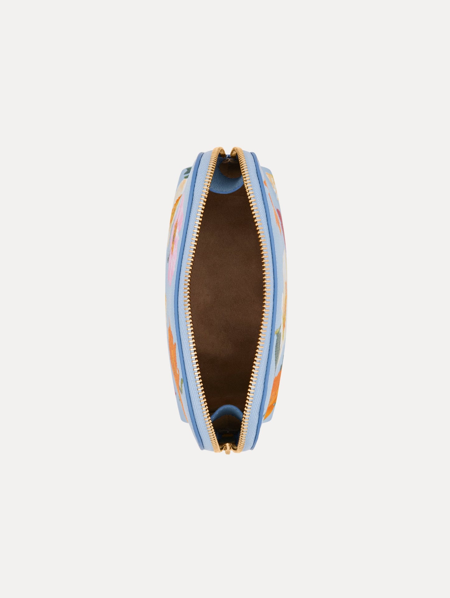 Blue Poppy Printed Small Cosmetics Case with gold hardware and pink, yellow, white, and red Poppy print. Top View.