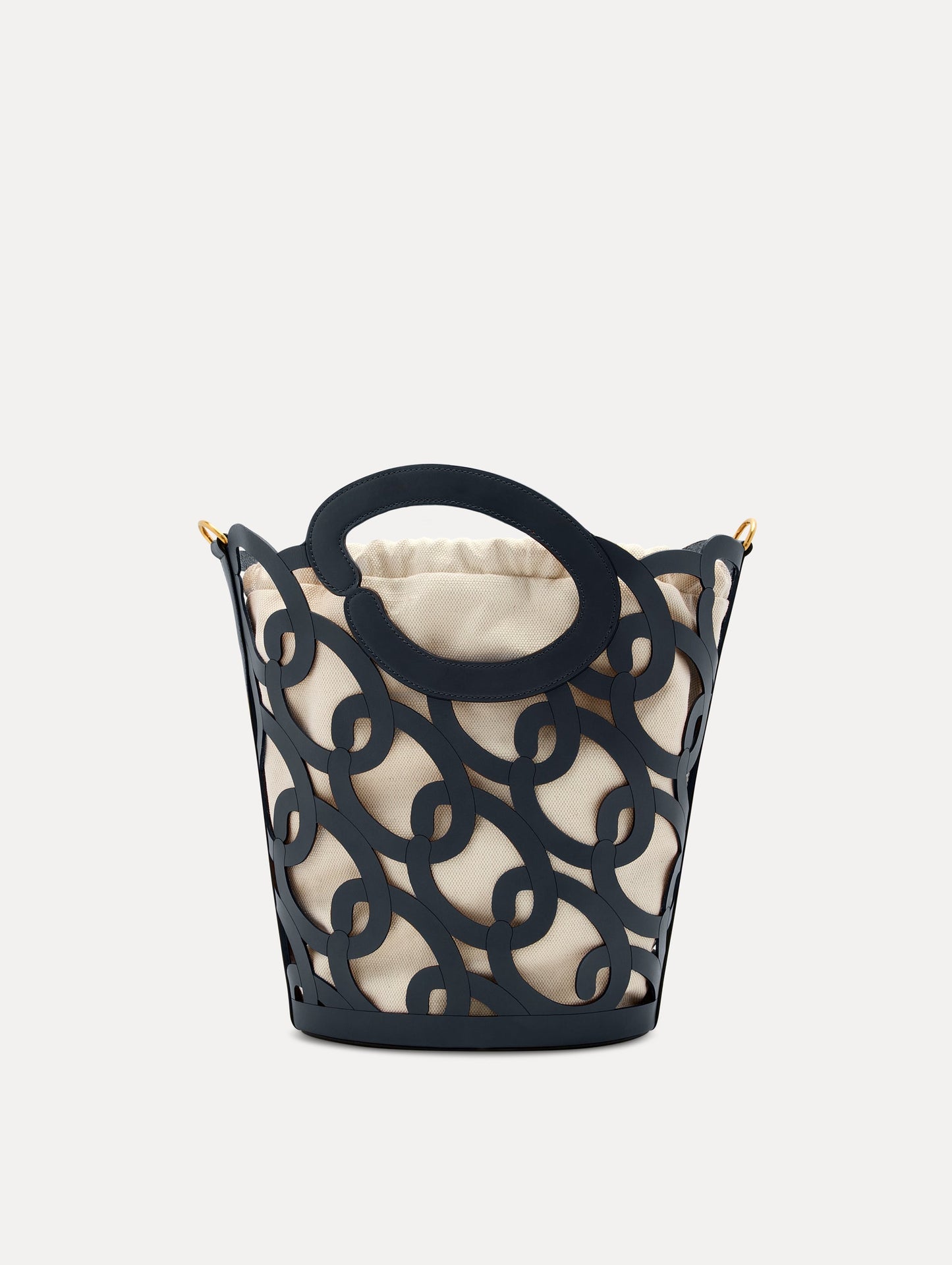 Navy Oscar Chain-Link Leather Tote, formed by interlocking 'O' emblems and a large 'O' forms the top handle, with a removable interior pouch. Front View