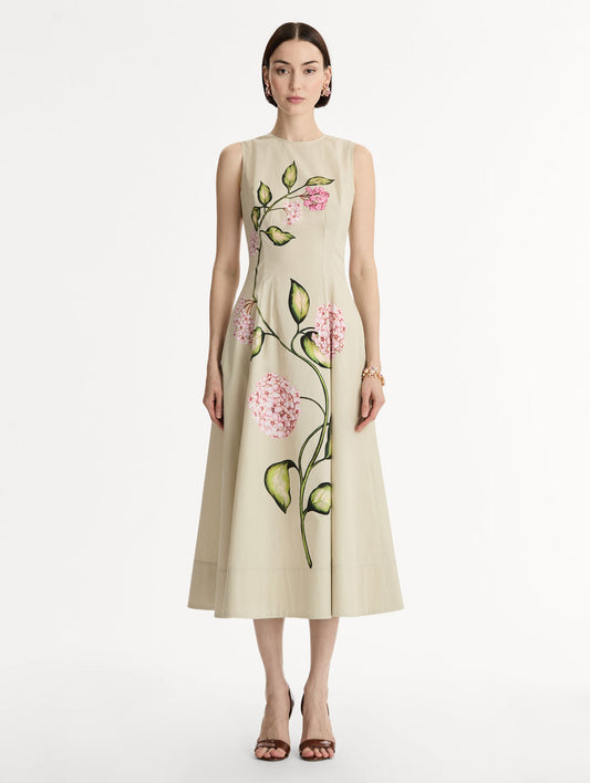 Halter neck, Cotton Poplin Sleeveless Midi Dress with vivid pink floral motif. Front View.