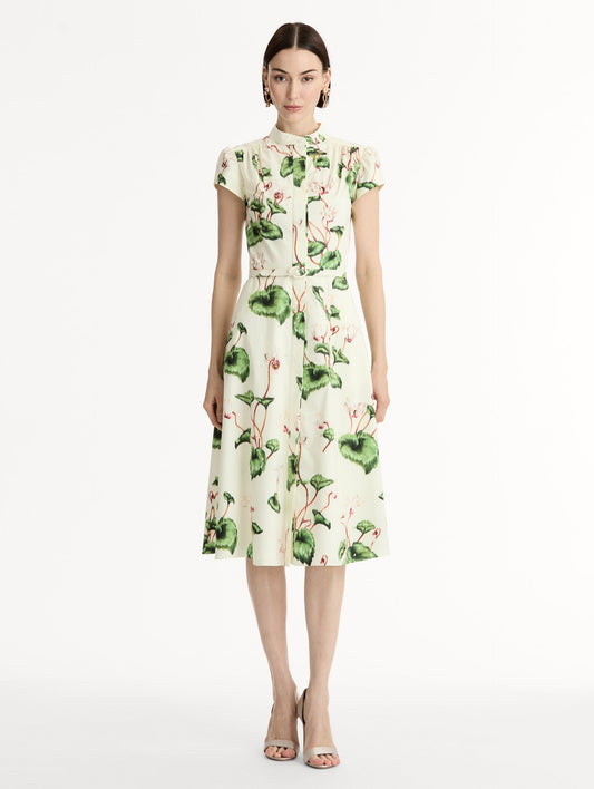 Ivory Chiné Cyclamen Cotton Poplin Cap Sleeve Dress. Front View.