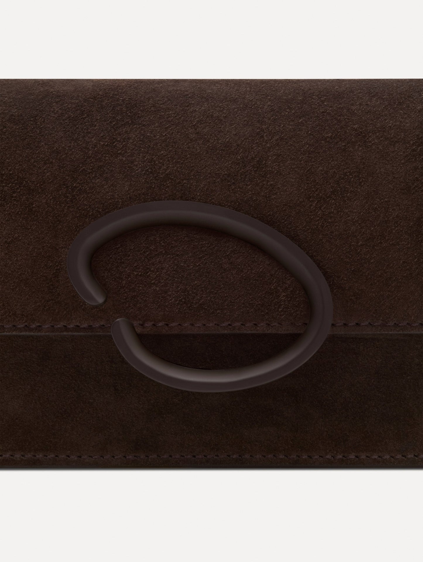 Brown O Pochette in Suede with gold strap and Brown abstract O Clasp. Zoom View.