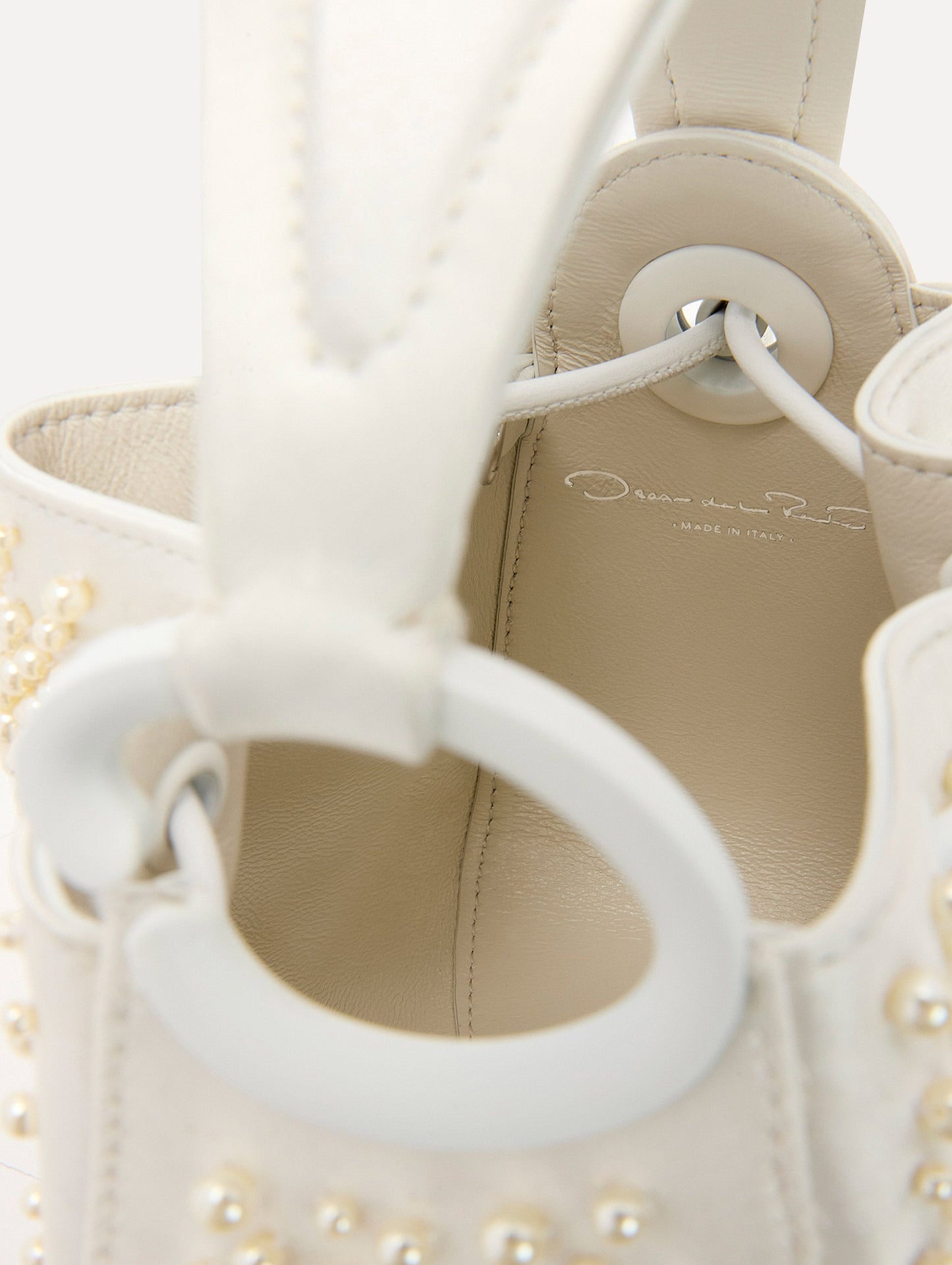 Nano Pearl Embroidered O Handle Bag in White Zoom View