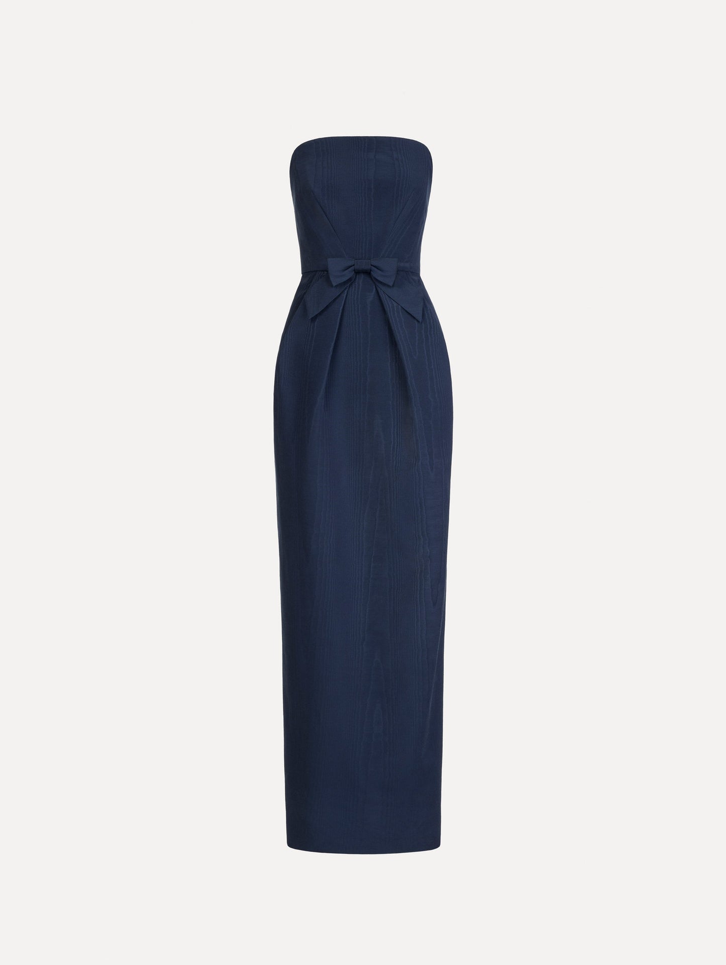 Bow-Detailed Column Gown in Navy. Front View.