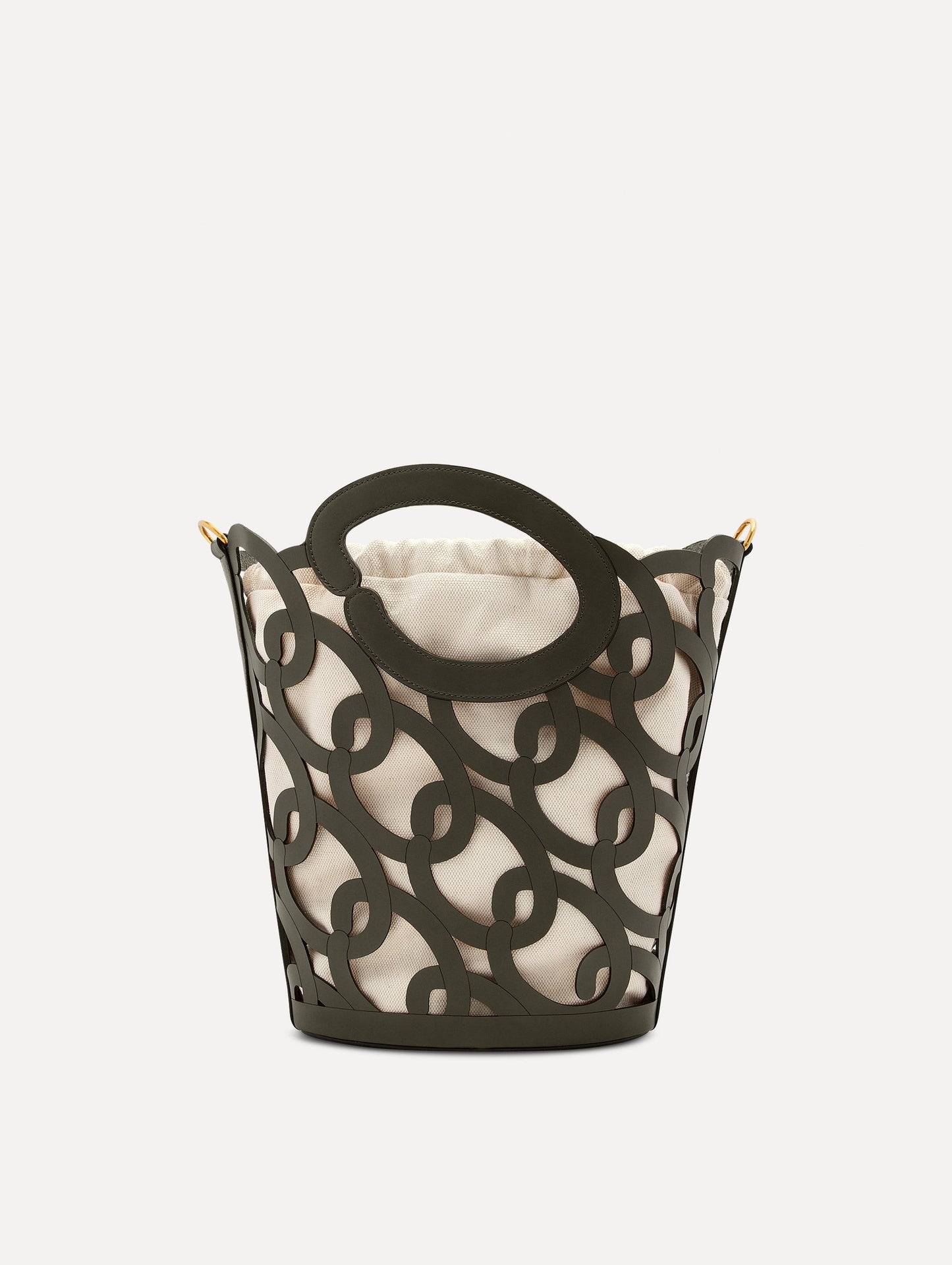 The Oscar chain link bucket tote in olive green with a large o forming the top handle and detachable shoulder strap, paired with an ombre floral dress. Front View.