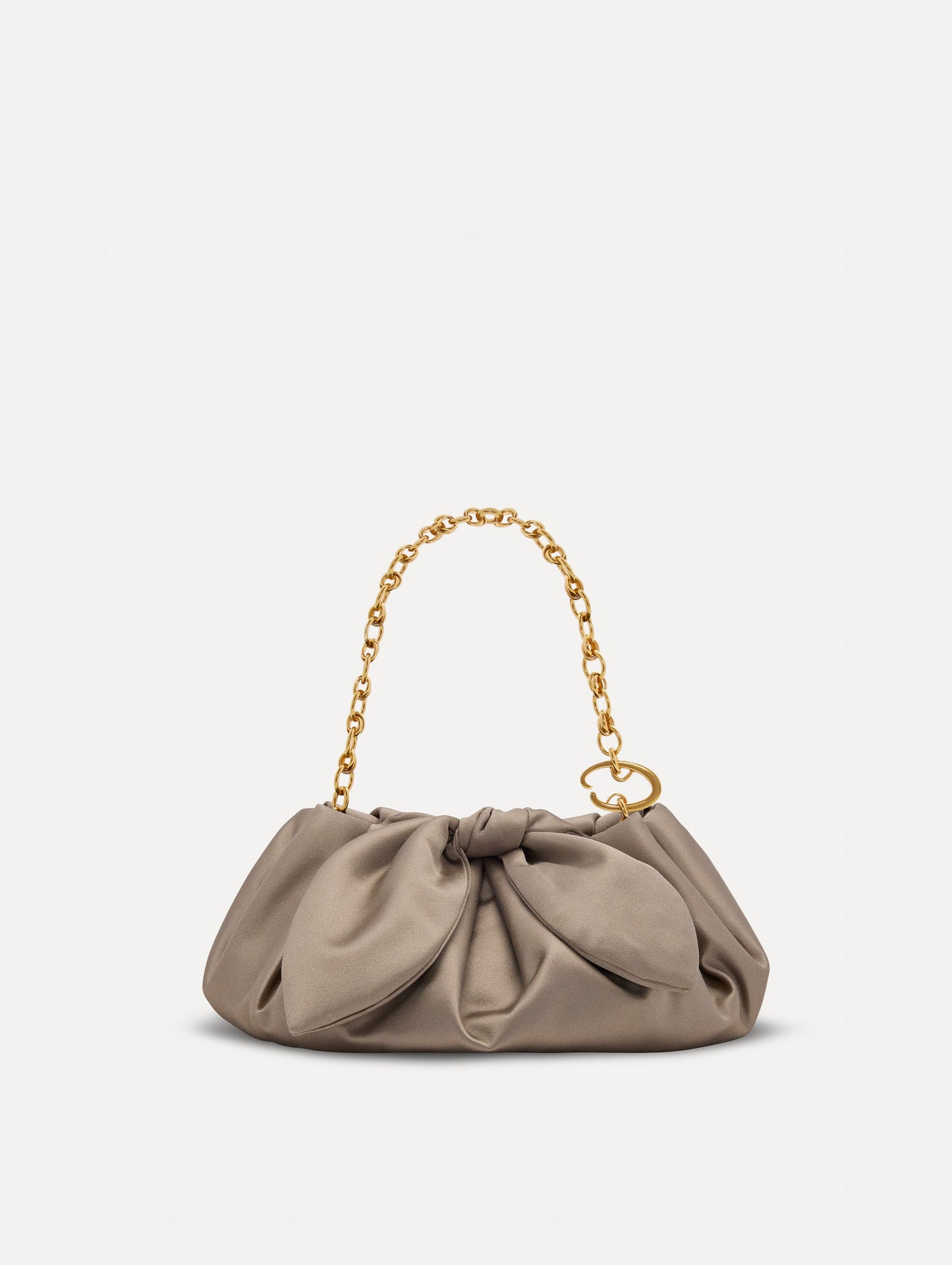 Small satin clutch in taupe with a bow detail on the top, and detachable gold chain shoulder strap. Front View.