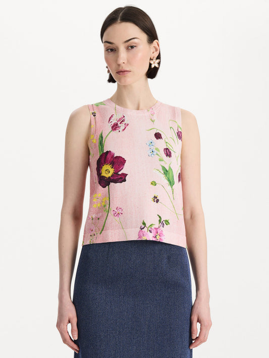 The model is wearing the mixed botanical printed tank with an all-over floral print in blush multi. Front view.