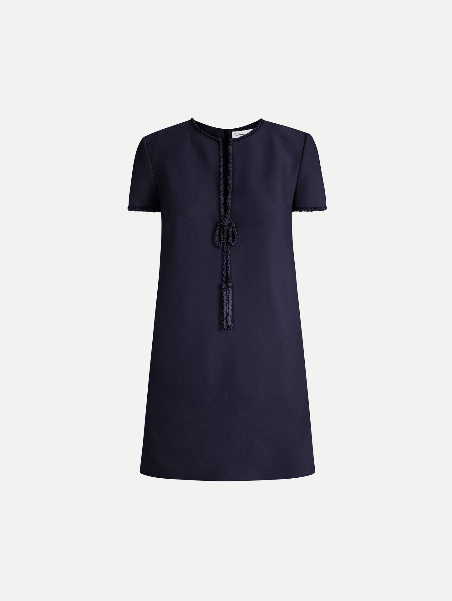 Beaded Bow-Detail Shift Dress in Navy Blue. Front View.