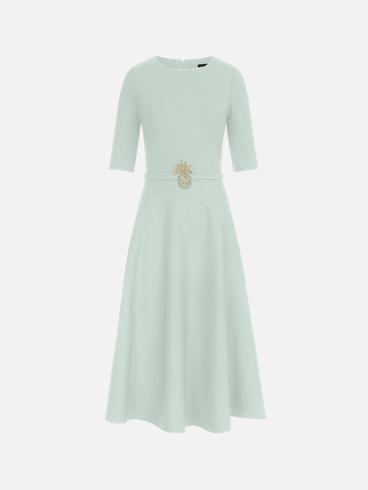 Pineapple Belt Wool Dress in Saltwater Blue. Front View.