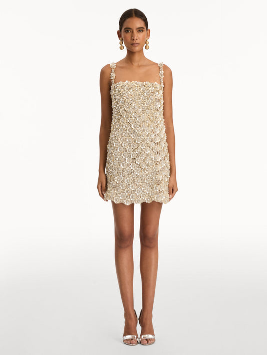 Beige Embroidered Shift Dress with floral applique and thin straps. Front View.