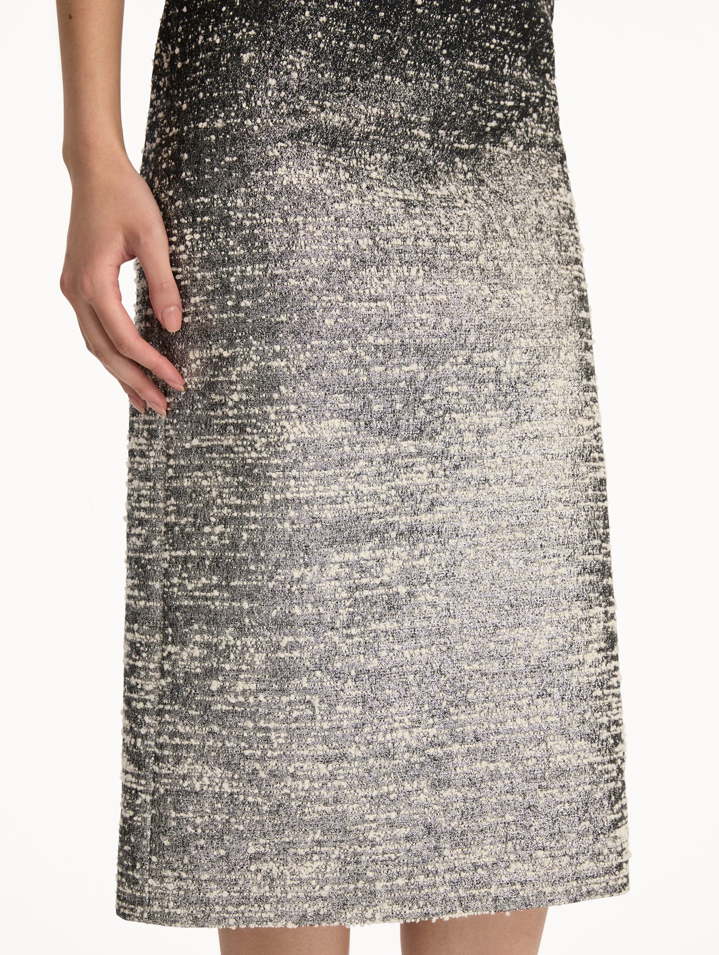 Black and Ivory Ombré Lurex Bouclé Jacquard Skirt featuring a fitted silhouette and a textured metallic finish. Zoom View.