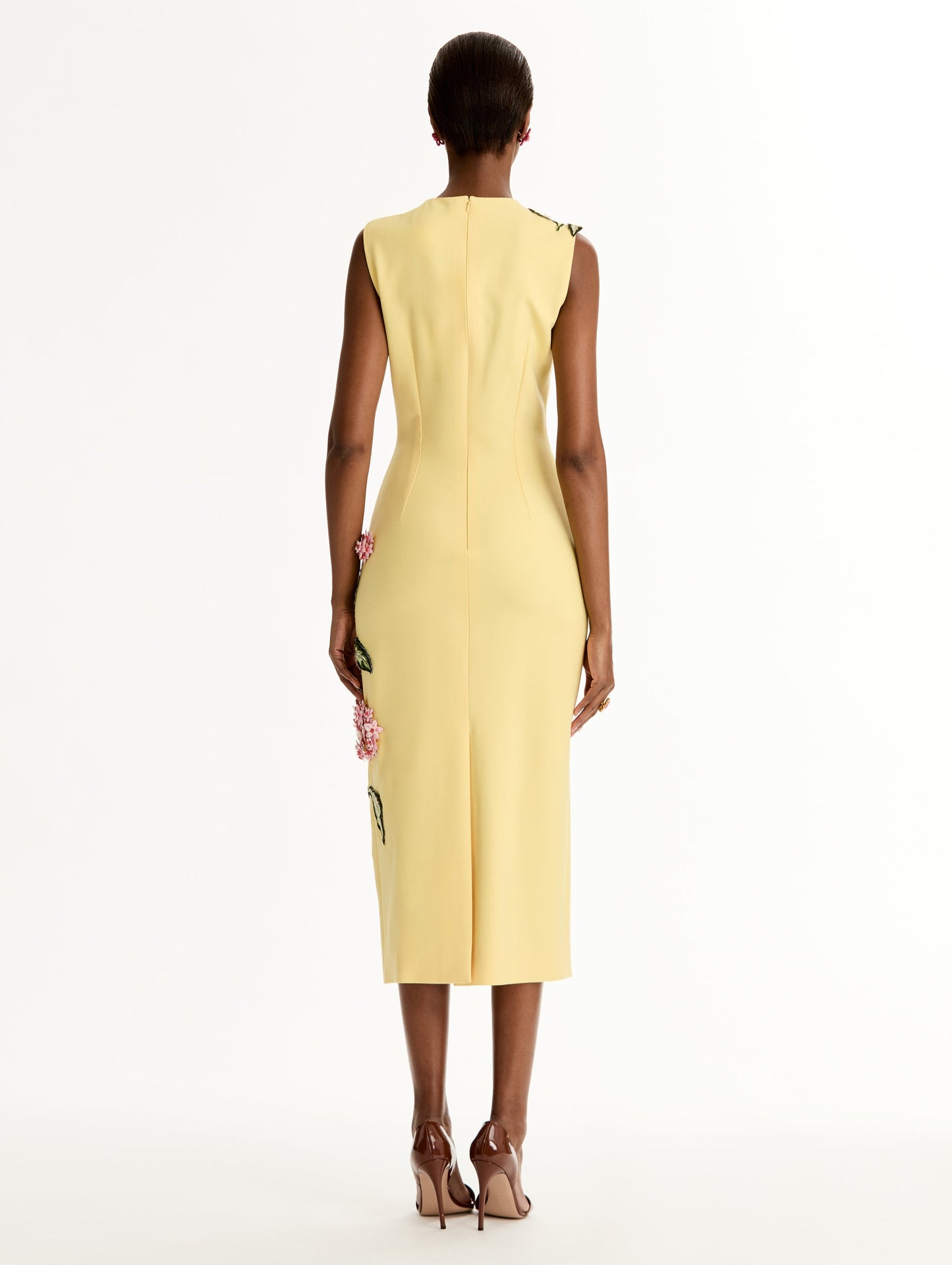 Yellow Porcelain Flower Embroidered Dress featuring a sleeveless silhouette and 3D pink and green floral embroidery. Back View.