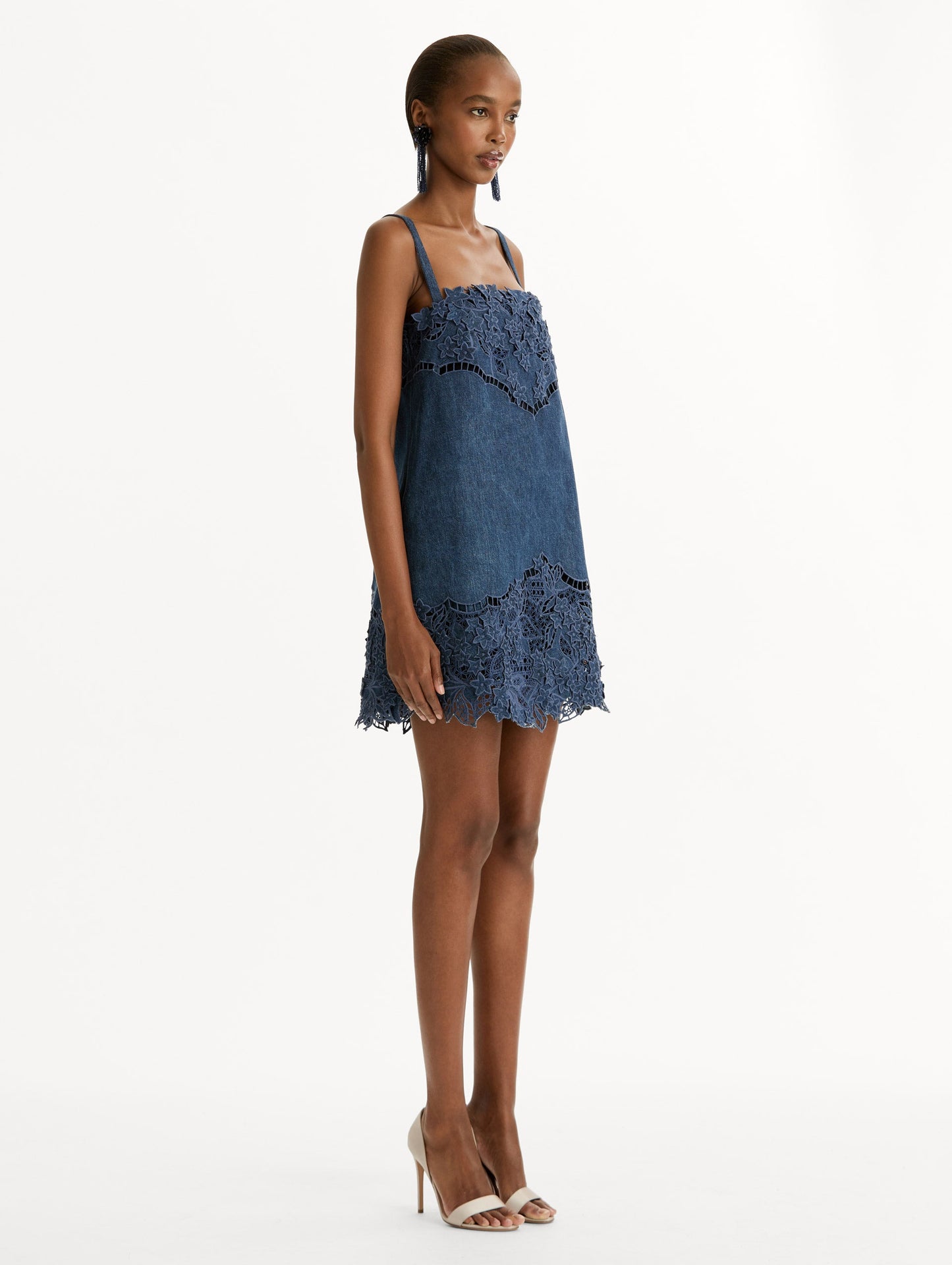 Porcelain Flower Cutout Denim Mini Dress, Straps, Narrow Straps, Detailed thread-work. Side View