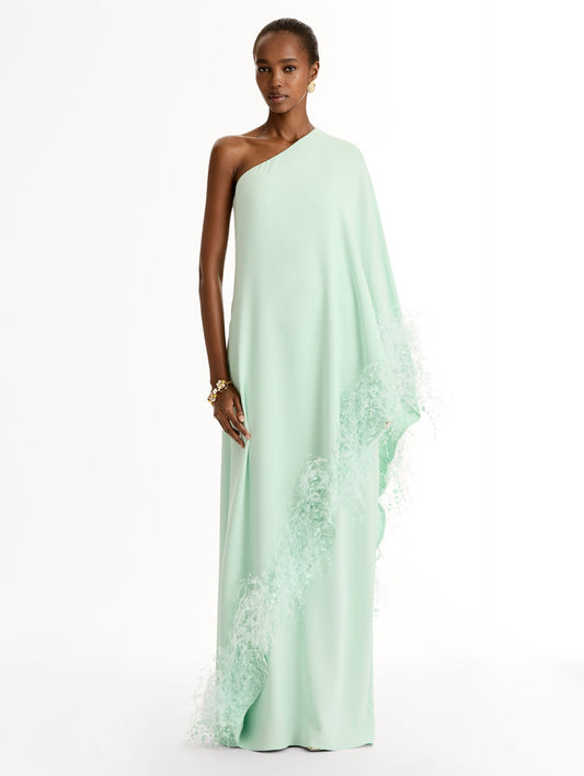 One-shoulder caftan with point d’esprit feather embroidery. Front View.
