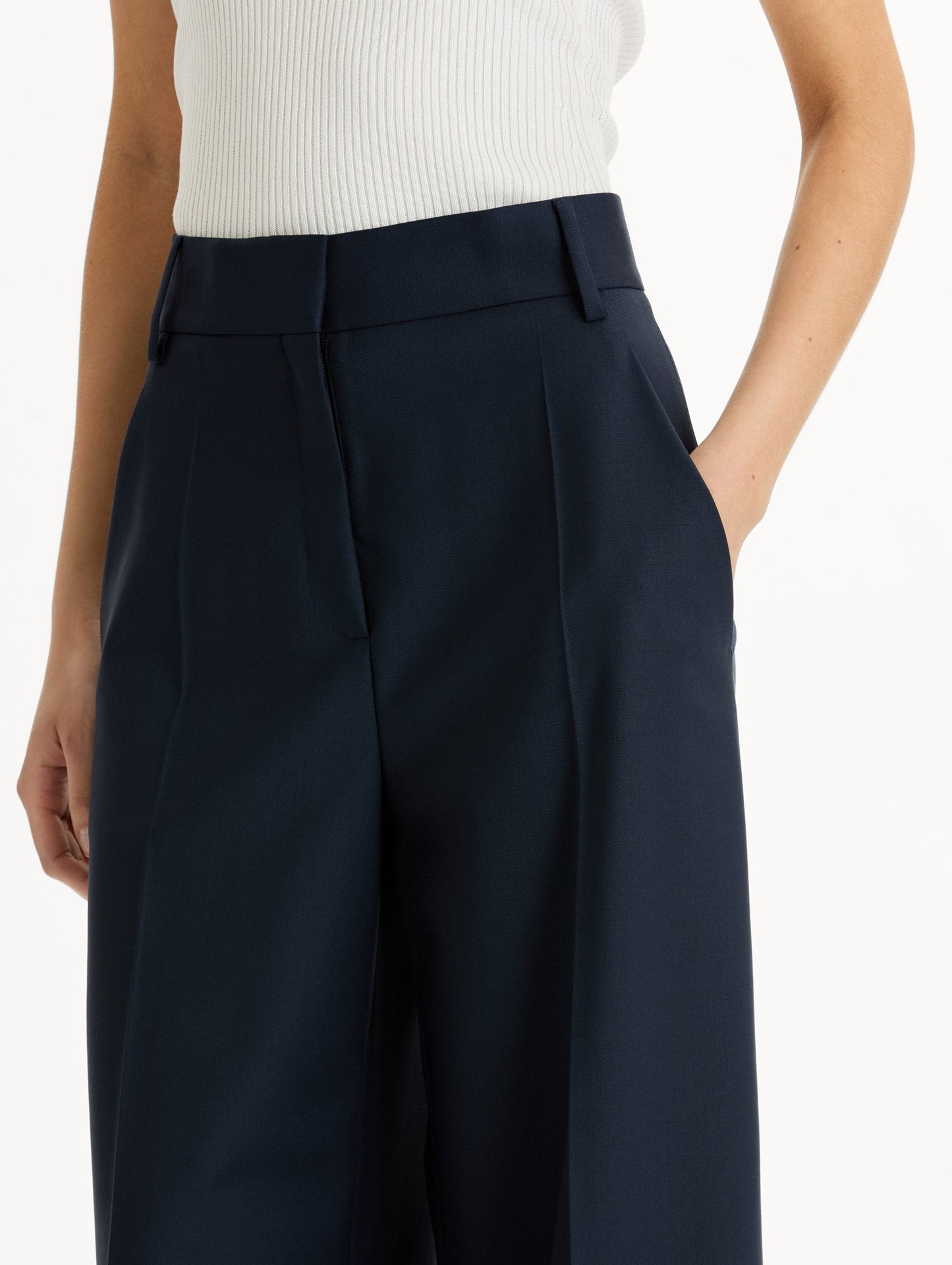 Wide-Leg Wool-Blend Pant in Navy. Zoom View.