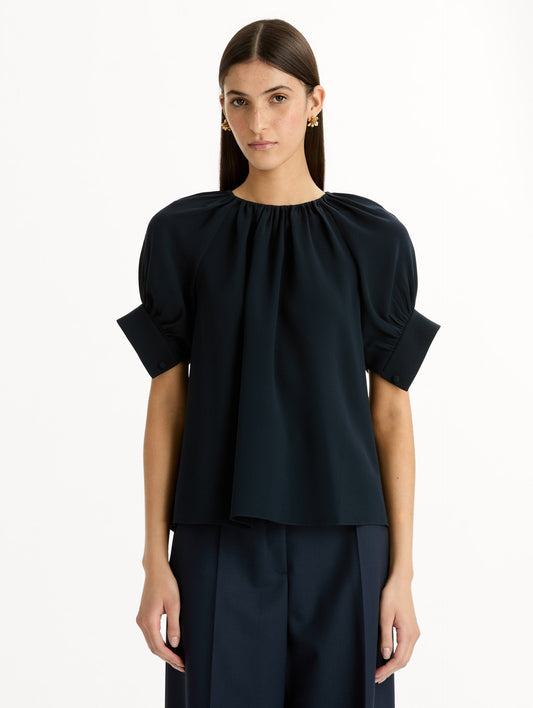 Gathered Silk Georgette Blouse in Navy. Front View.