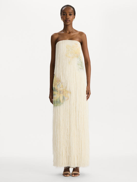 Chiné Dominican Mixed-Floral Beaded Fringe Dress in Ivory. Front view.