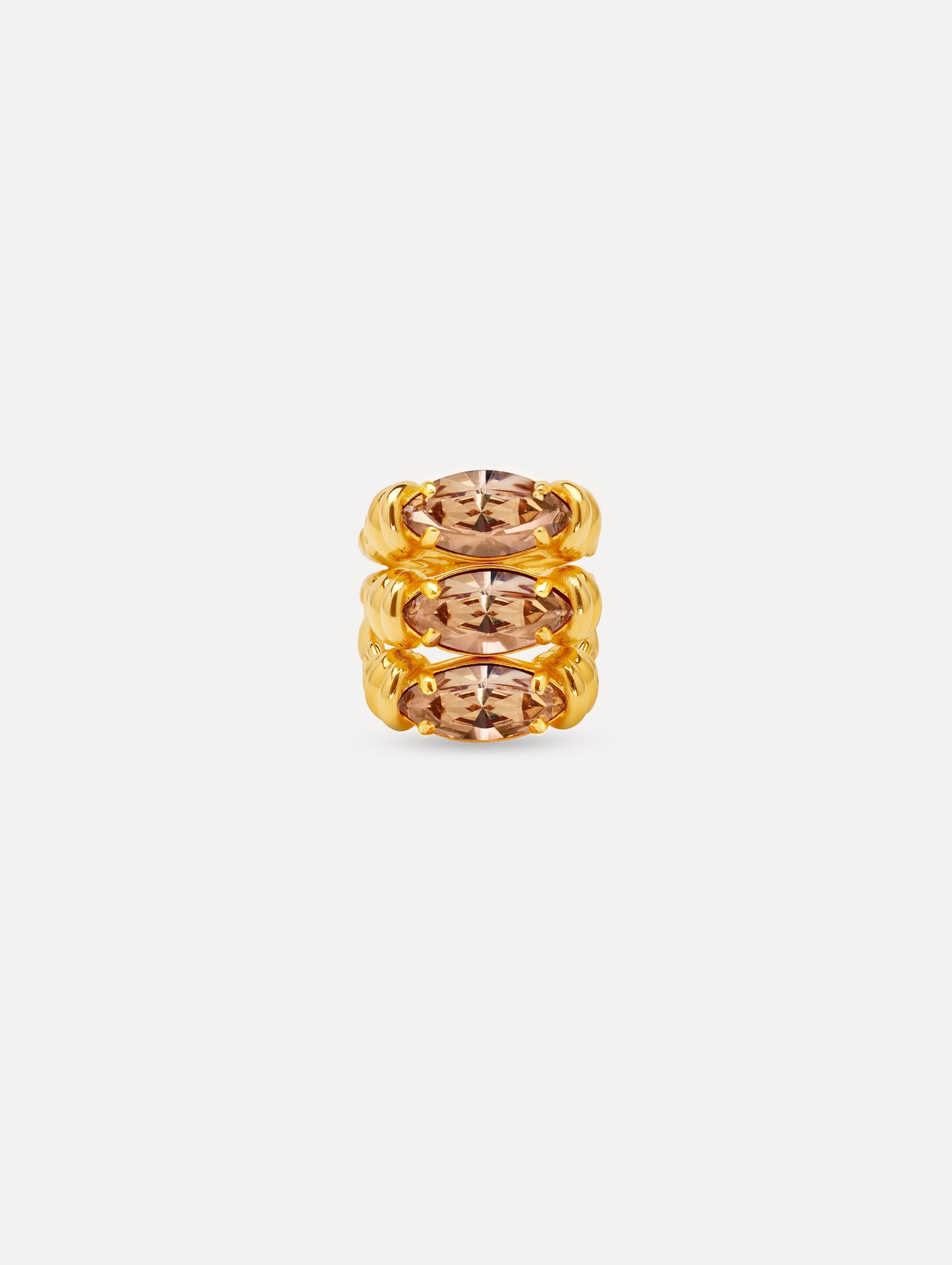 Gold Triple Navette Ring featuring three stacked marquise-cut champagne crystals set in parallel. Front View.