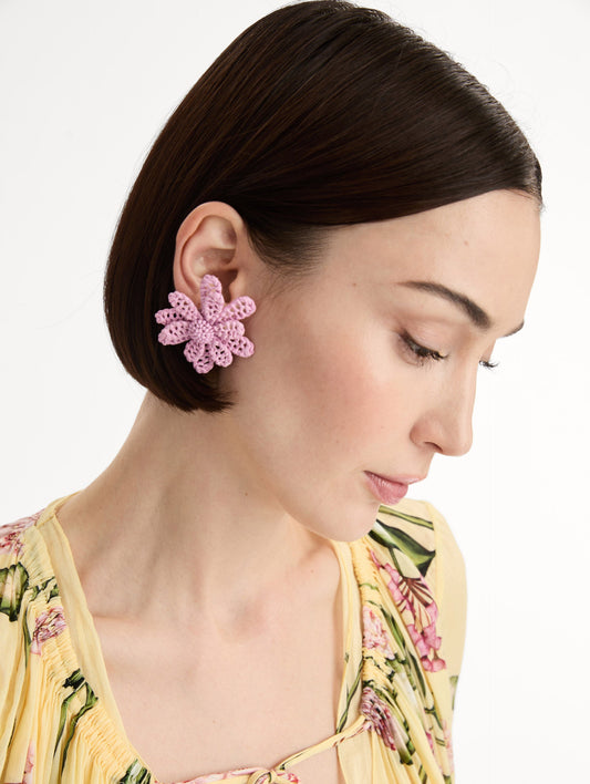 Pink Large Woven Raffia Flower Earrings with pink raffia in a flower shape. Front View.