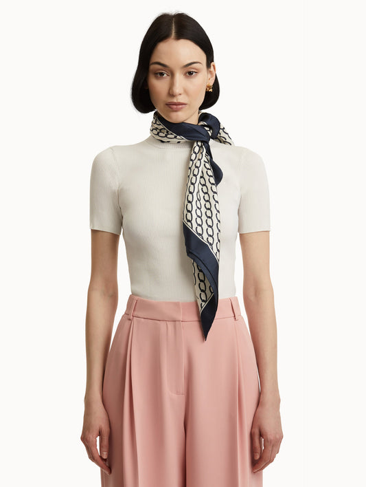Oscar Chain-Link Silk Scarf in Ivory and Navy Front View