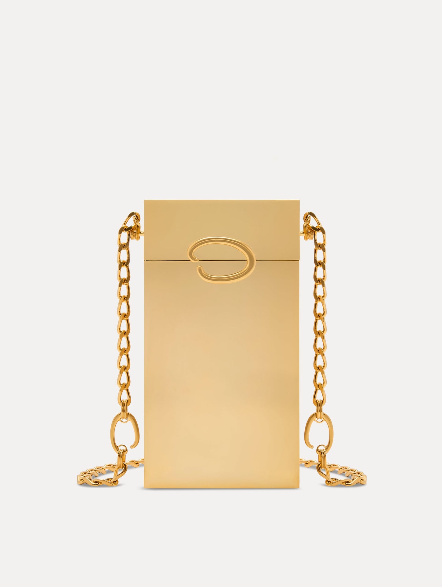 Gold O Vanity Minaudière with structured silhouette and adorned with Oscar de la Renta's 'O' emblems at the clasp and chain-link details. Front View
