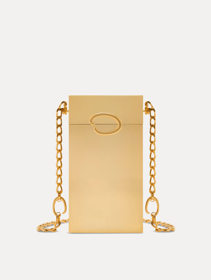 Gold O Vanity Minaudière with structured silhouette and adorned with Oscar de la Renta's 'O' emblems at the clasp and chain-link details. Front View