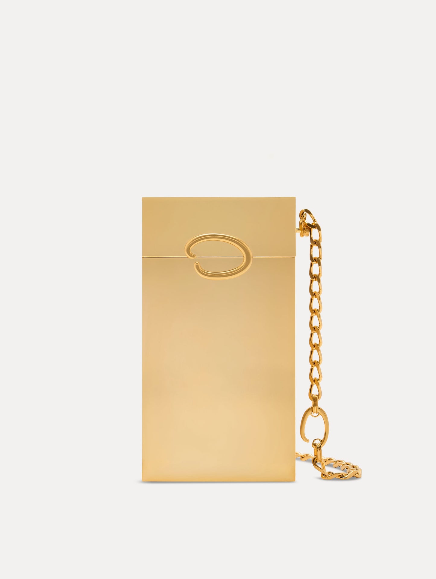 Gold O Vanity Minaudière with structured silhouette and adorned with Oscar de la Renta's 'O' emblems at the clasp and chain-link details. Front View