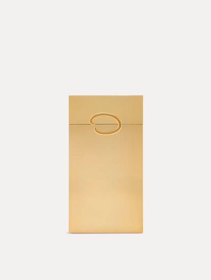 Gold O Vanity Minaudière with structured silhouette and adorned with Oscar de la Renta's 'O' emblems at the clasp. Side View Front View