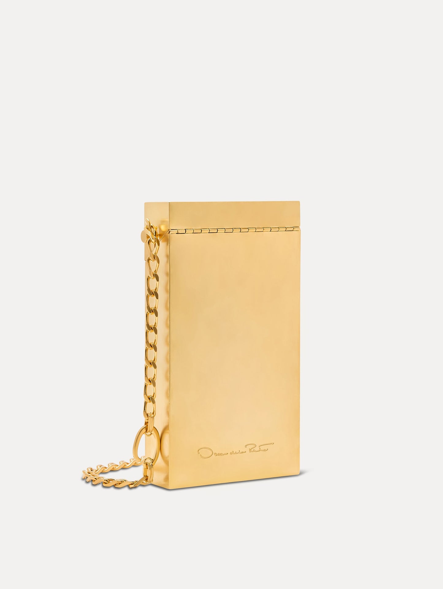 Gold O Vanity Minaudière Structured Bag with Oscar de la Renta's signature Logo in the Bottom Center and attached chain. Back View