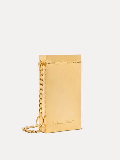 Gold O Vanity Minaudière Structured Bag with Oscar de la Renta's signature Logo in the Bottom Center and attached chain. Back View