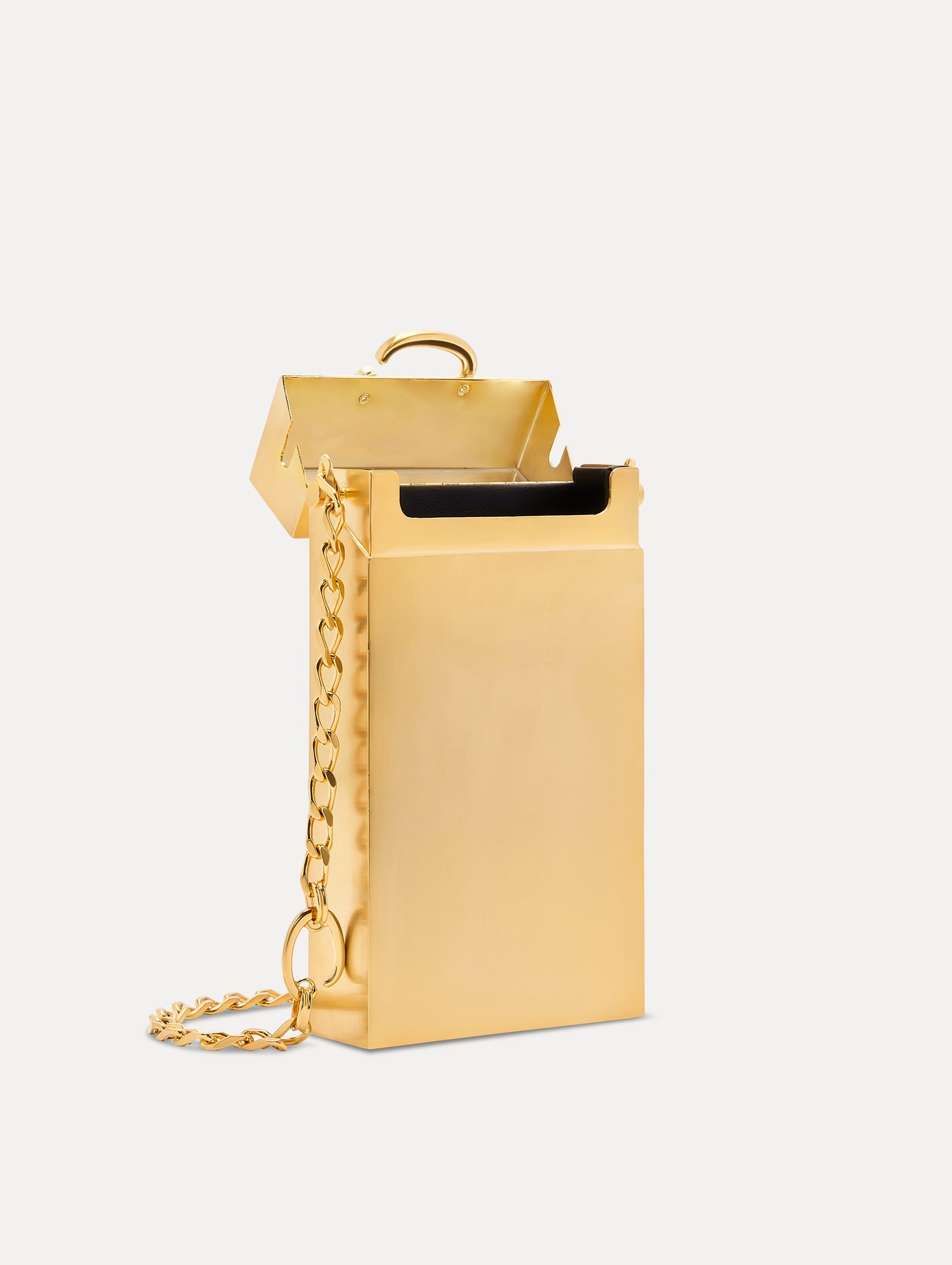 Gold O Vanity Minaudière with structured silhouette and adorned with Oscar de la Renta's 'O' emblems at the clasp and chain-link details. Side View