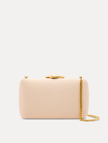 Pink Satin Minaudière with Gold O Emblem at Clasp and removable gold chain shoulder strap Front View