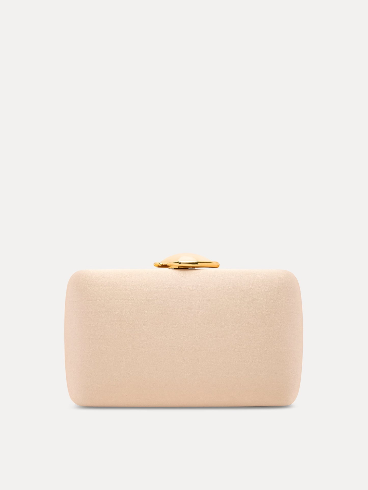 Pink Satin Minaudière with Gold O Emblem at Clasp Front View