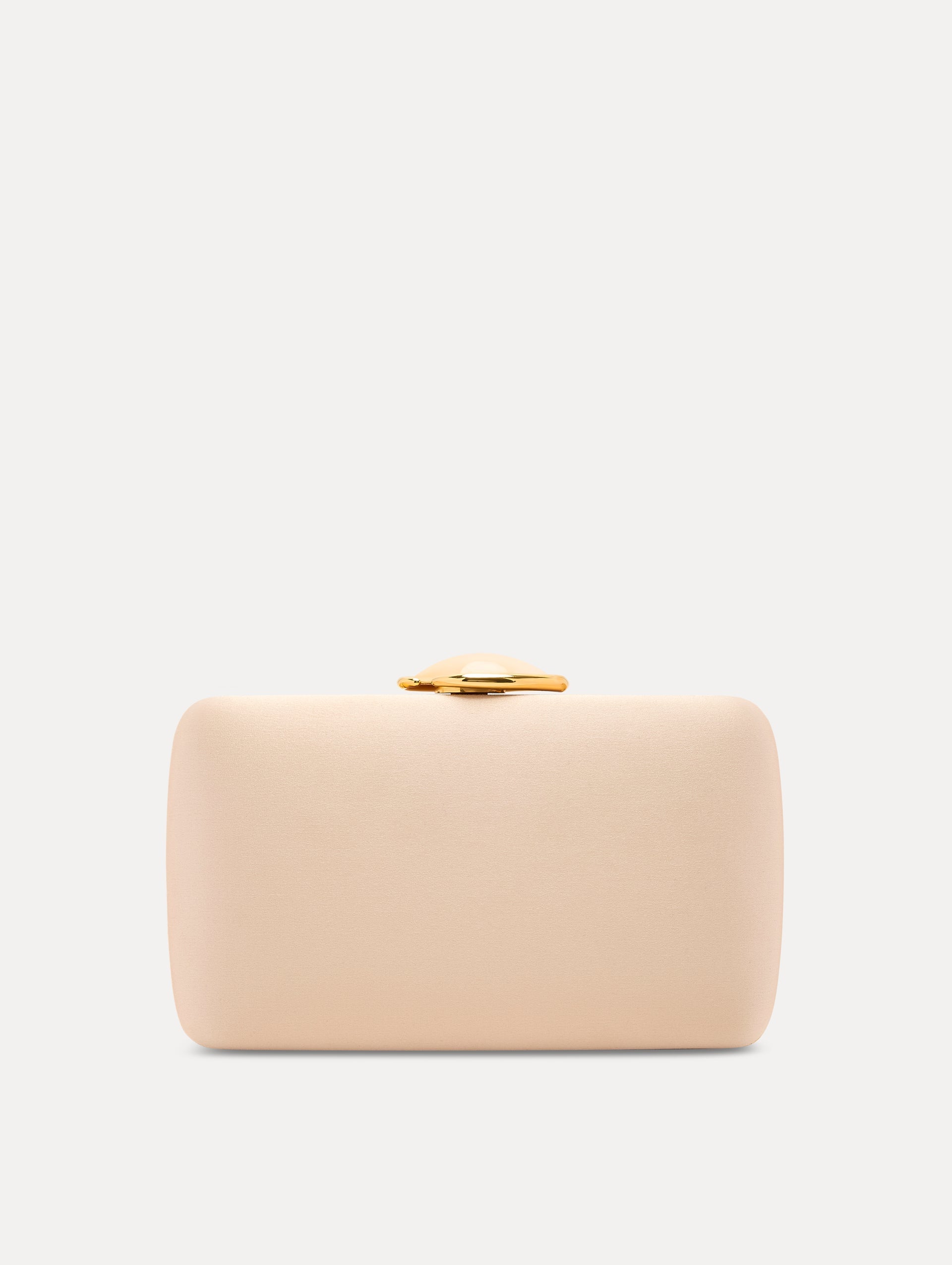 Pink Satin Minaudière with Gold O Emblem at Clasp Front View