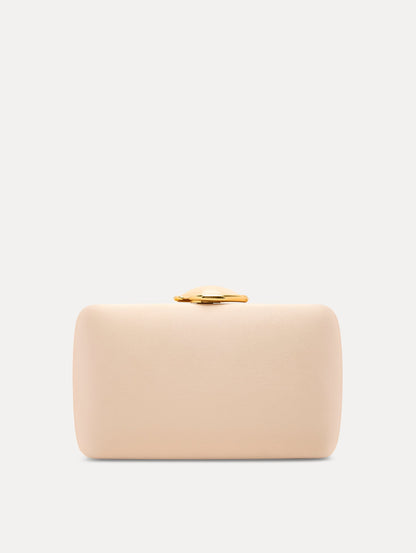 Pink Satin Minaudière with Gold O Emblem at Clasp Front View