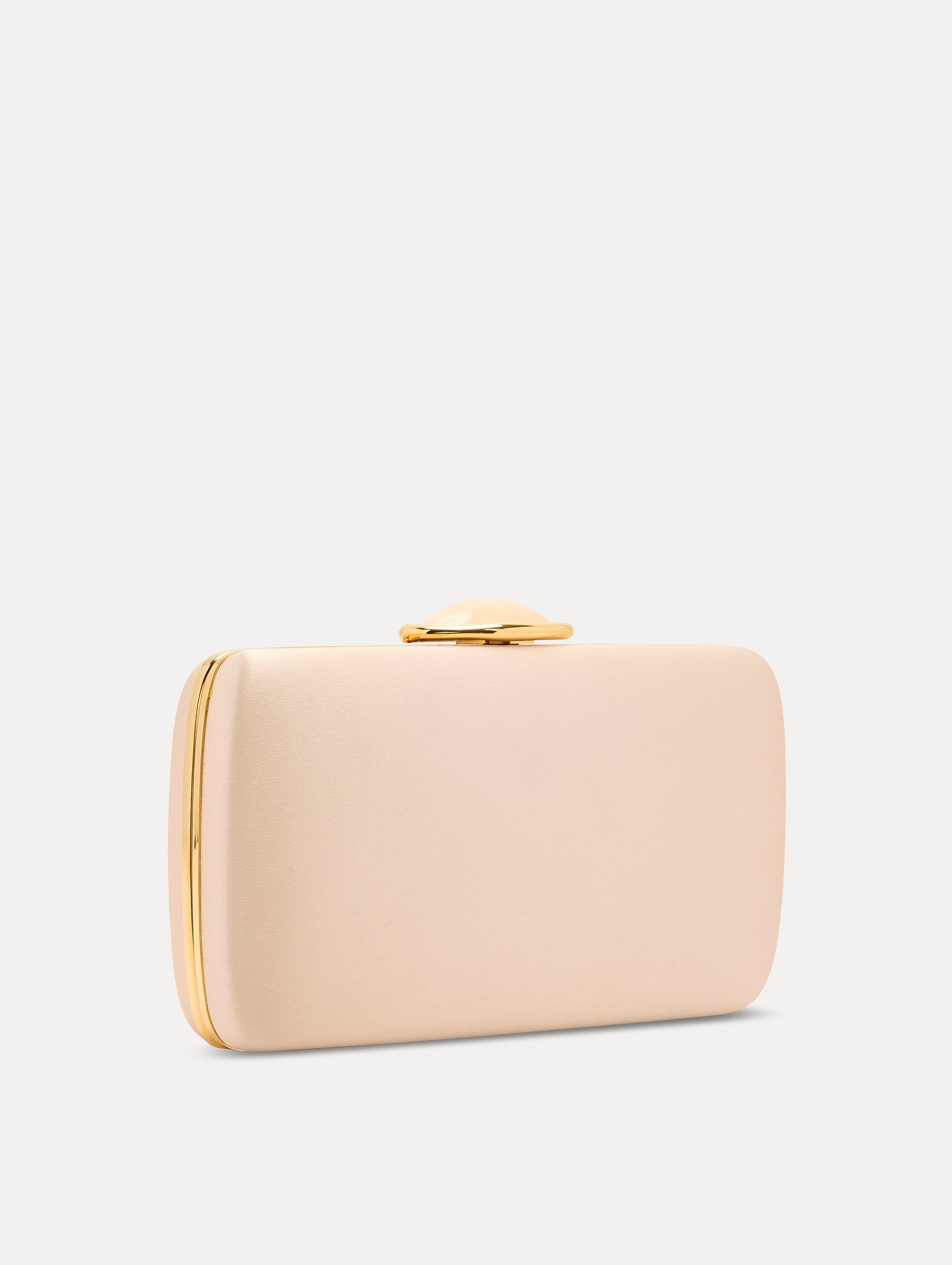 Pink Satin Minaudière with Gold O Emblem at Clasp Side View