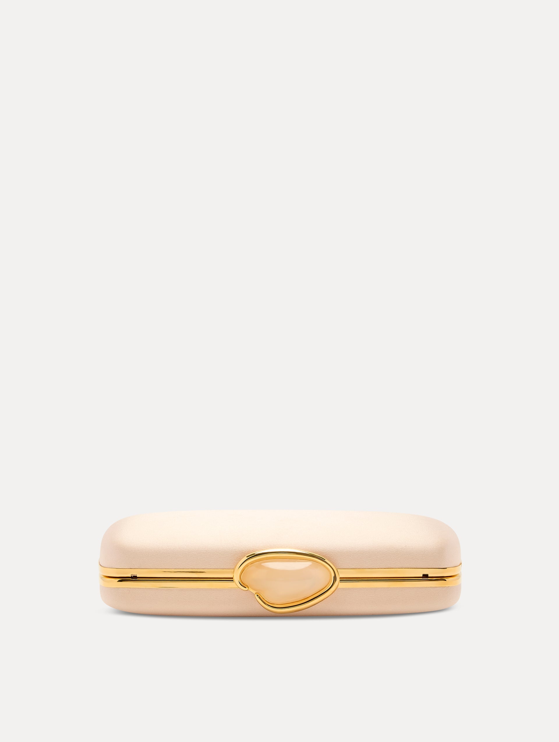 Pink Satin Minaudière with Gold O Emblem at Clasp Side View