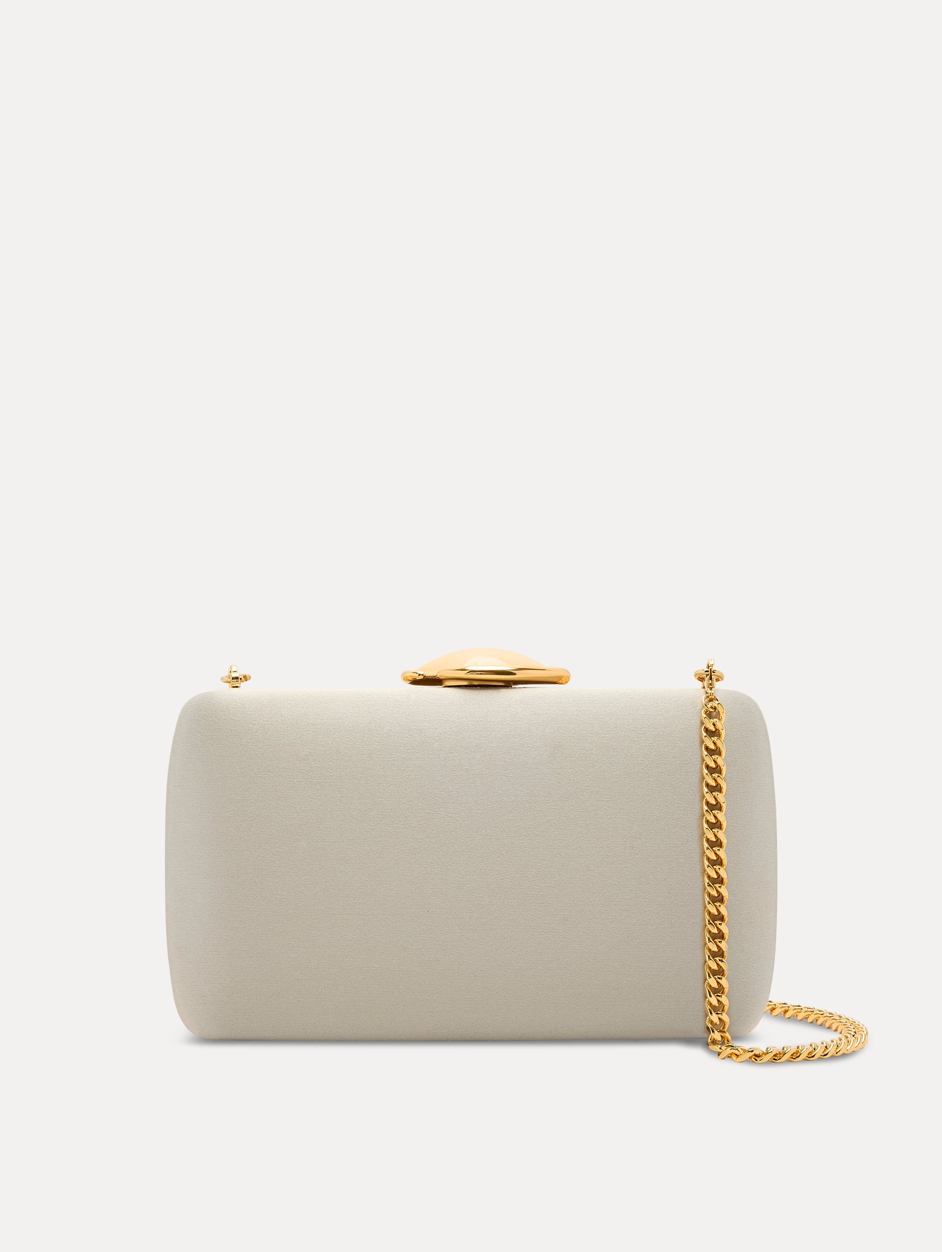 White Satin Minaudière adorned with Gold O Emblem at Clasp and removable chain shoulder strap. Front View