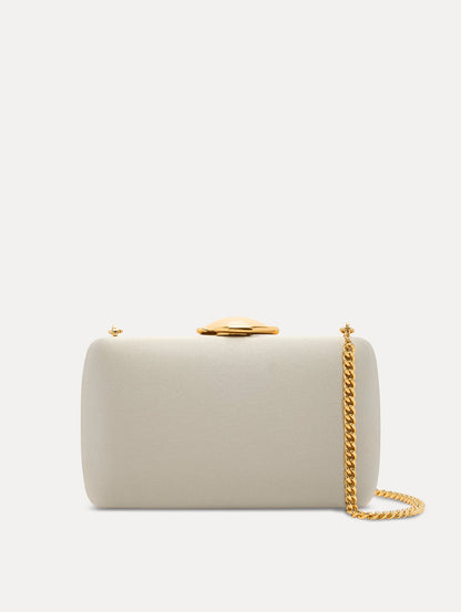 White Satin Minaudière adorned with Gold O Emblem at Clasp and removable chain shoulder strap. Front View