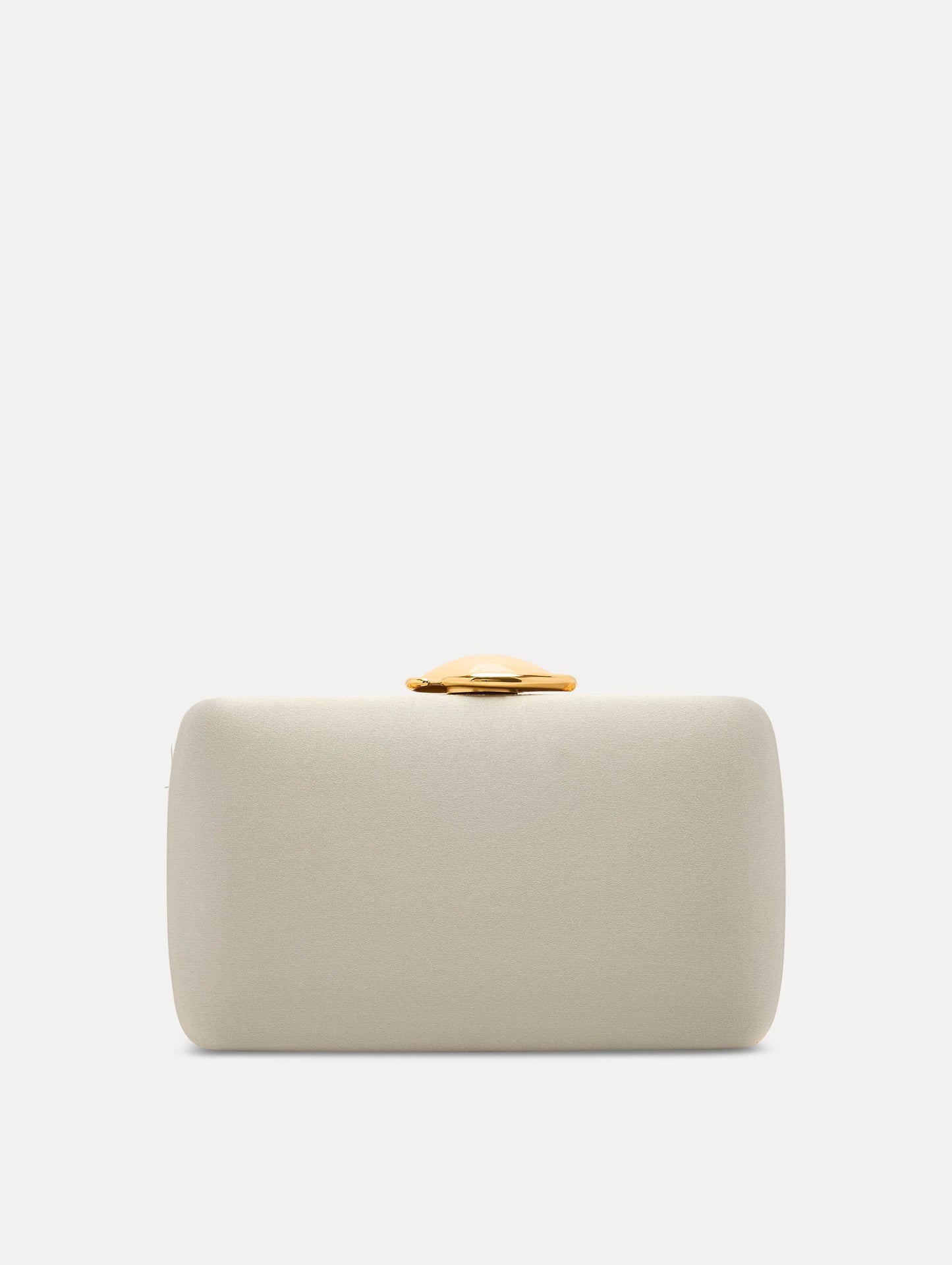 White Satin Minaudière adorned with Gold O Emblem at Clasp Front View