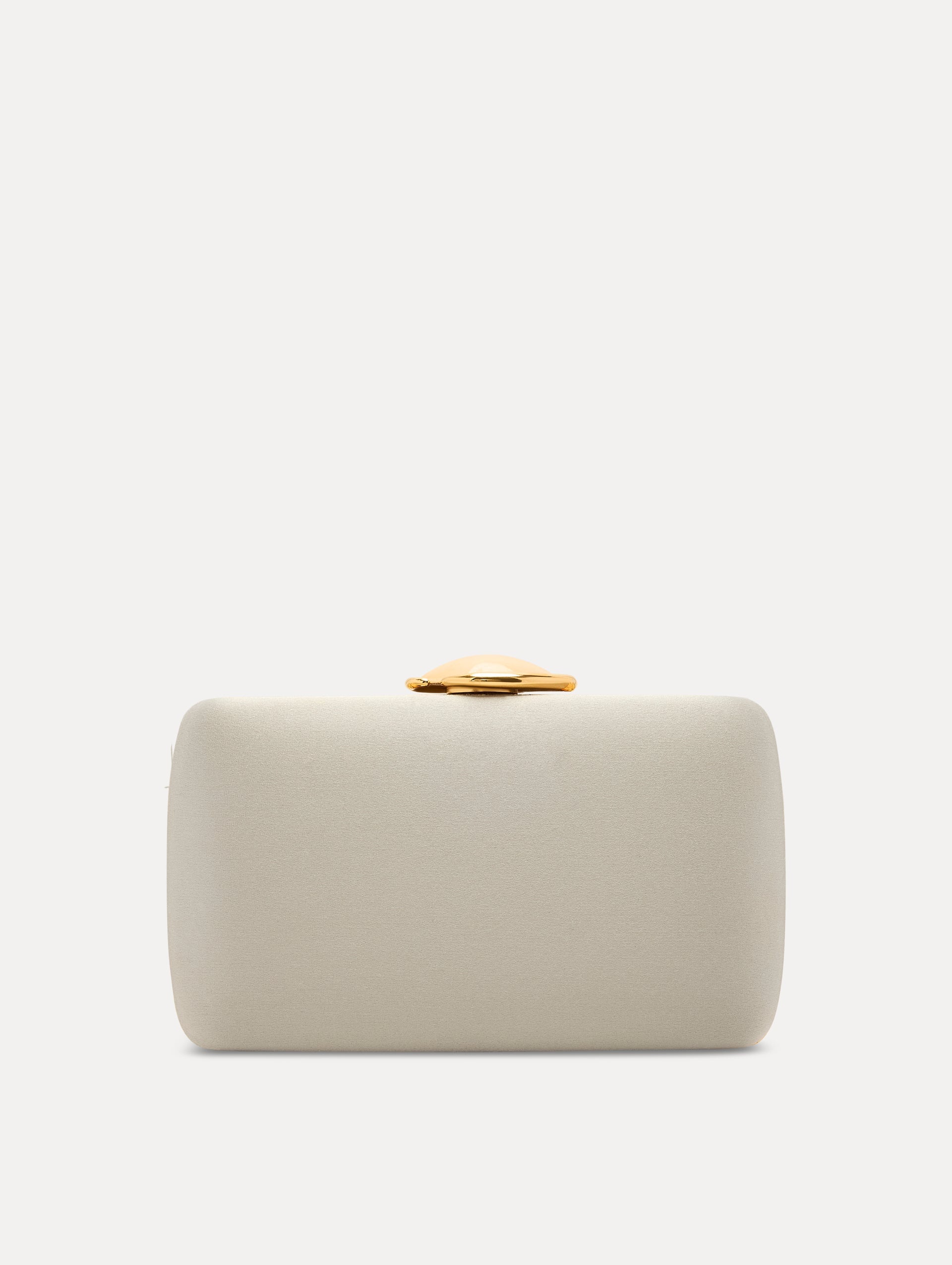 White Satin Minaudière adorned with Gold O Emblem at Clasp Front View