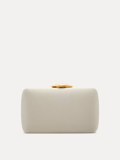 White Satin Minaudière adorned with Gold O Emblem at Clasp Front View
