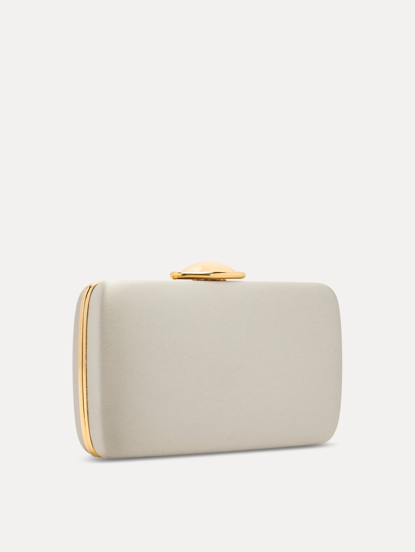 White Satin Minaudière adorned with Gold O Emblem at Clasp Side View
