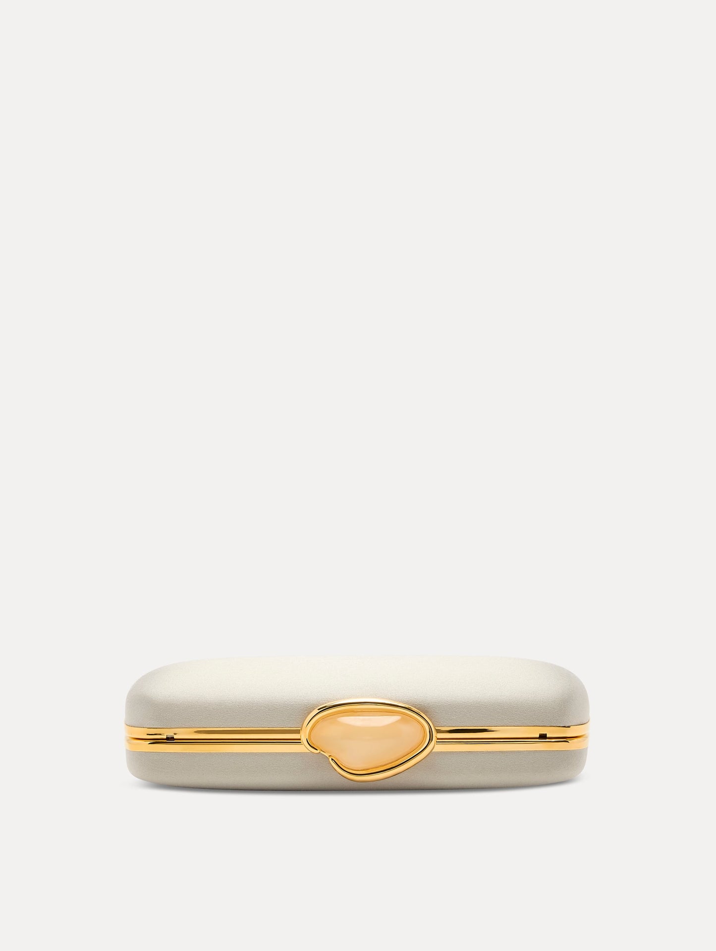 White O Emblem at Clasp Satin Minaudière Side View