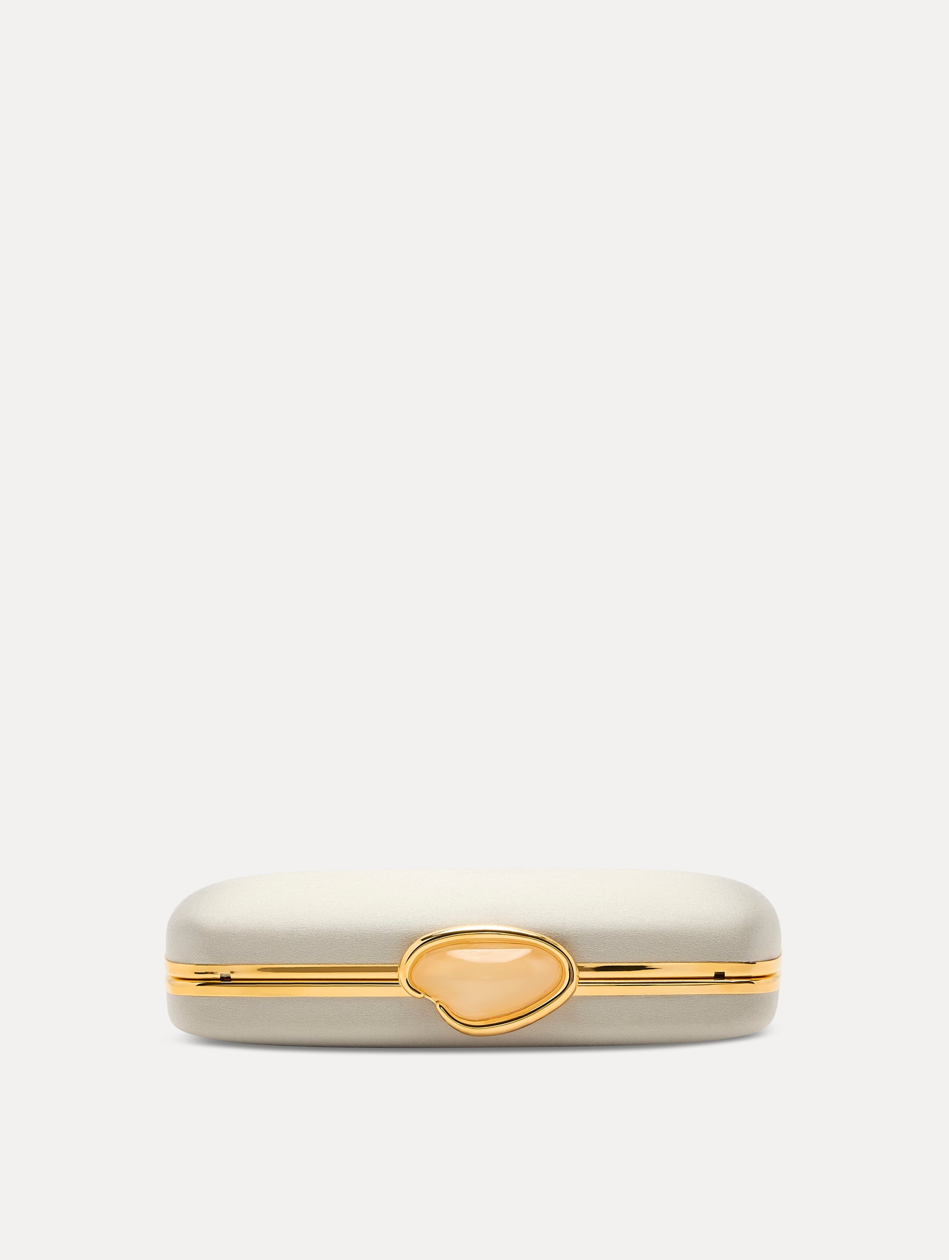 White O Emblem at Clasp Satin Minaudière Side View