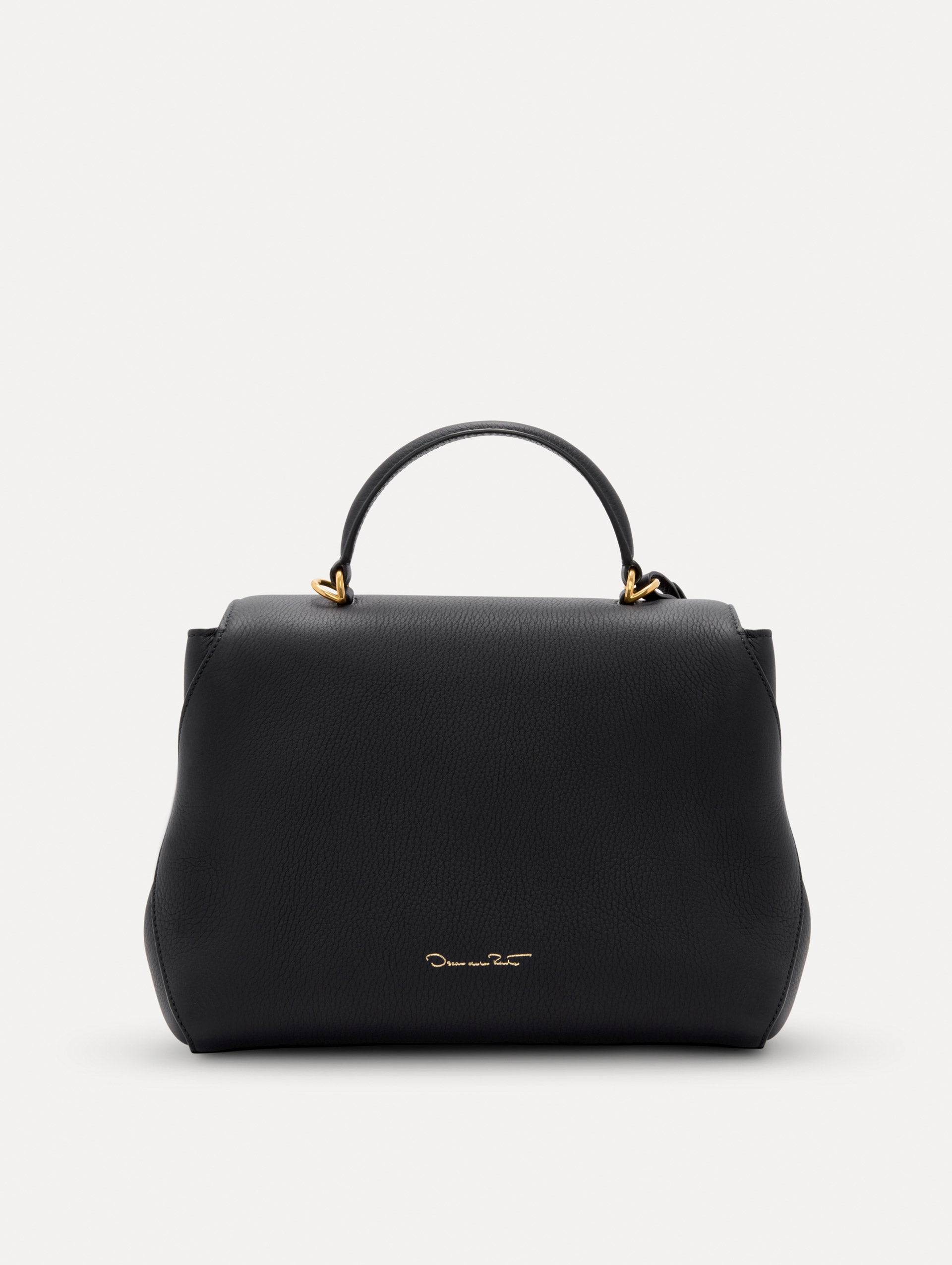 The Poppy Leather Handbag in Black with O logo Tag around the Top Handle, and Detachable Shoulder Strap. Back View
