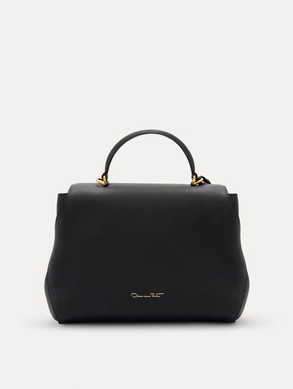 The Poppy Leather Handbag in Black with O logo Tag around the Top Handle, and Detachable Shoulder Strap. Back View