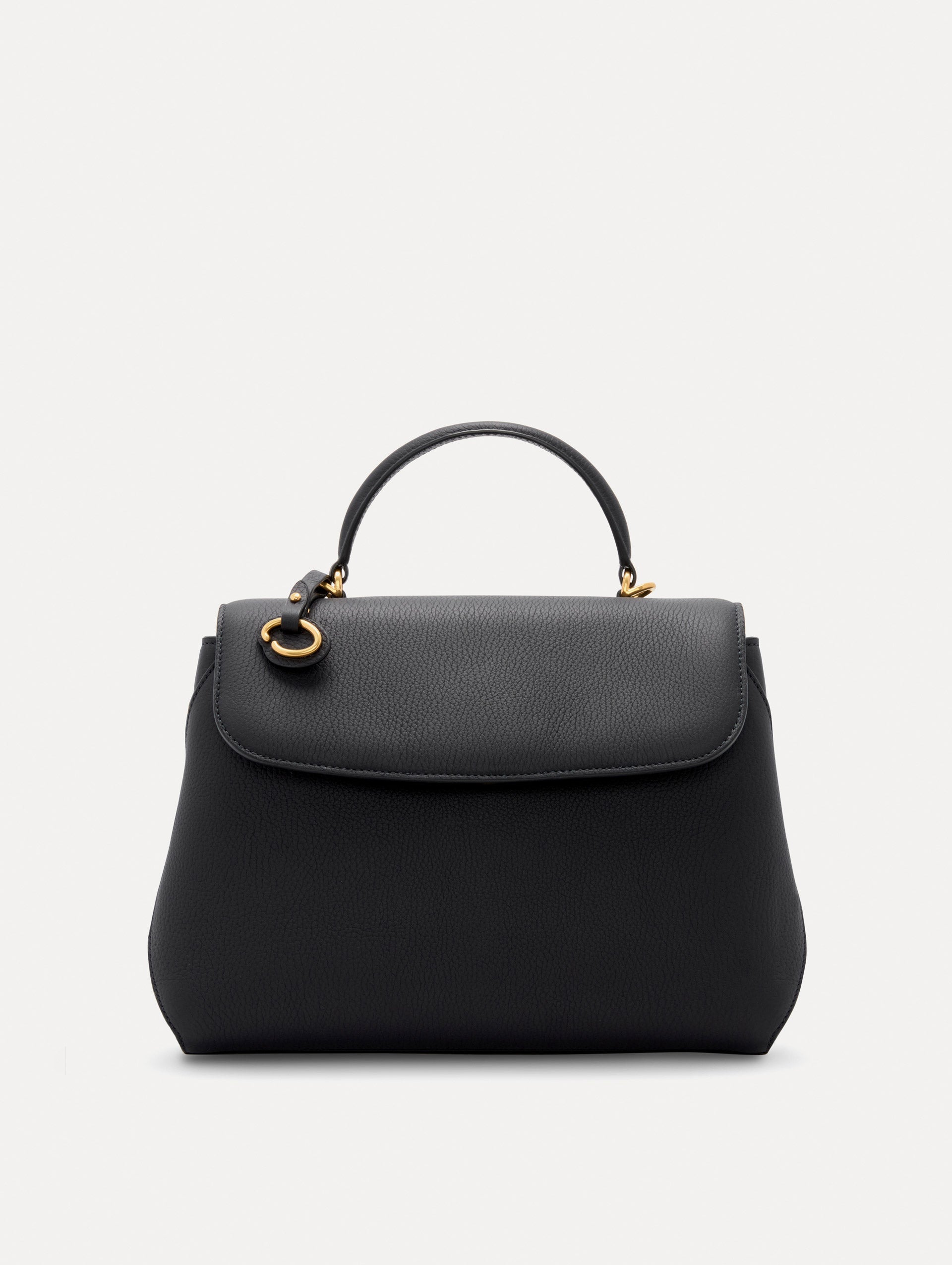 The Poppy Leather Handbag in Black with O logo Tag around the Top Handle, and Detachable Shoulder Strap. Front View