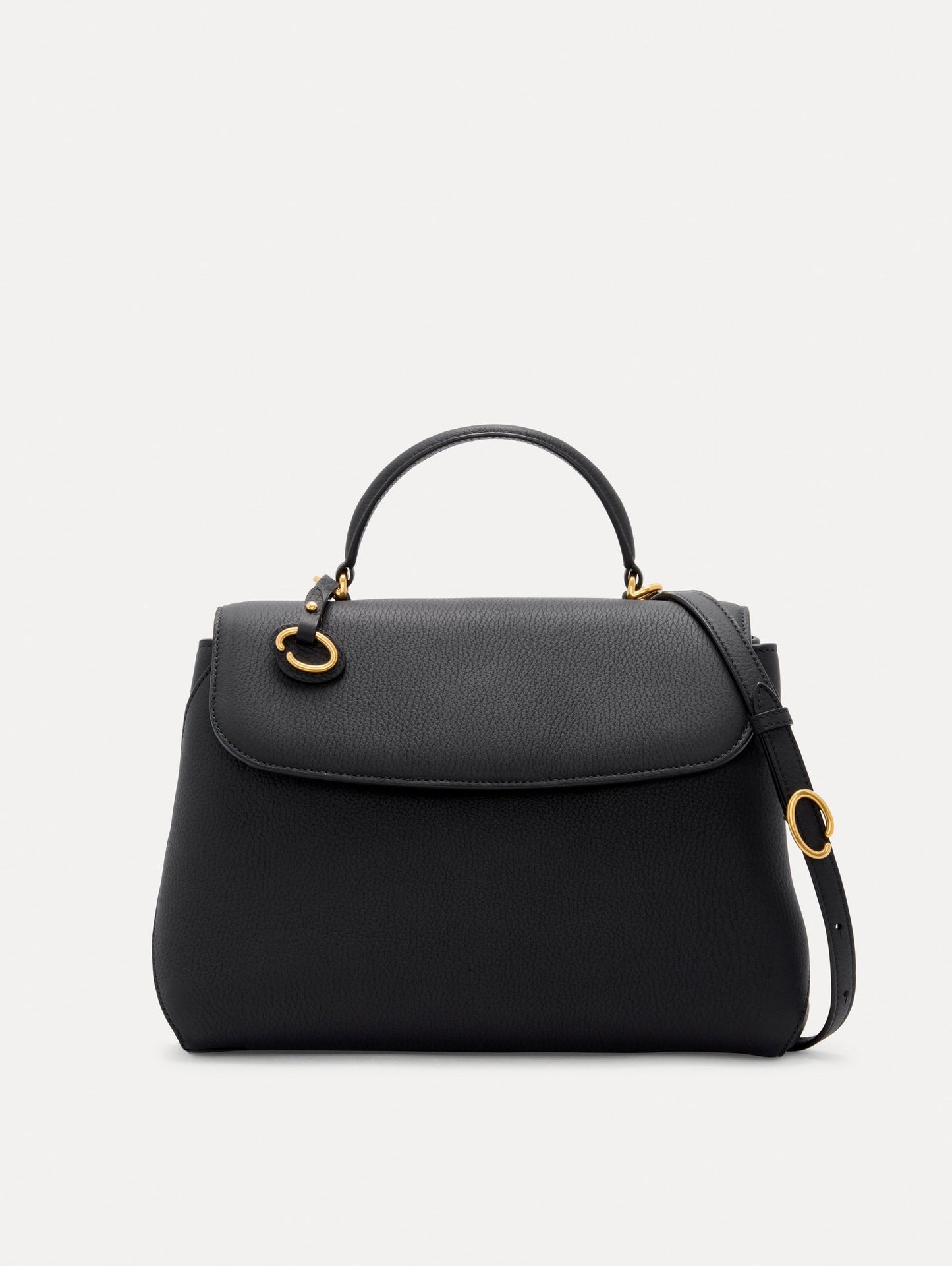 The Poppy Leather Handbag in Black with O logo Tag around the Top Handle, and Detachable Shoulder Strap. Front View